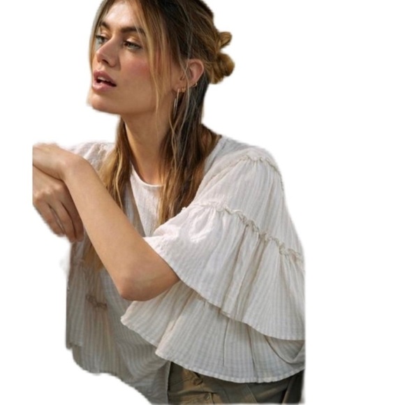 ❗️nwot❗️CHELSEA & THEODORE • Striped Ruffle Flutter Sleeve Seersucker Blouse • M - Picture 5 of 10